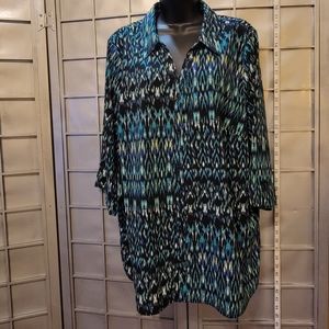 Catherine's 1X (18/20W) 3/4 sleeve black, teal and white button down blouse.